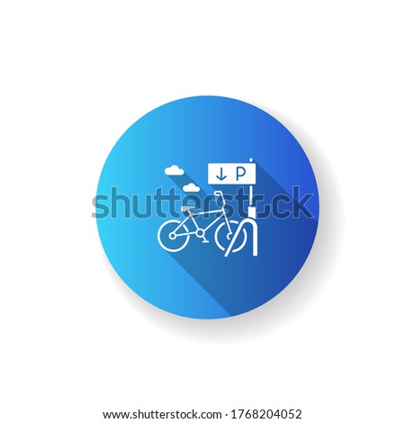 Bicycle parking rack blue flat design long shadow glyph icon. Ecological transportation. Corporate parking lot with road sign. Navigation pointer for bike. Silhouette RGB color illustration
