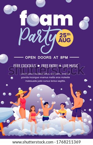 Foam party in beach club, poster banner invitation design template. Happy people dance on night disco. Family with three kids have fun summer vacation. Vector flat cartoon characters illustration