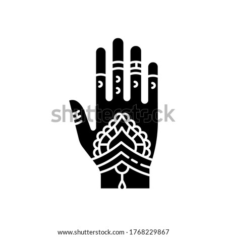 Mehndi black glyph icon. Indian tradition. Body art. Decorative designs. Henna drawings. Tattoo artwork. Asian culture. Bridal ceremony. Silhouette symbol on white space. Vector isolated illustration