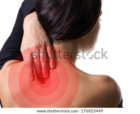 Woman showing pain in back .Medical concept