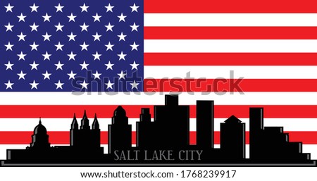 Modern illustration of Salt Lake City Utah downtown skyline silhouette with red, white and blue stars and stripes American flag background Illustrator 10 eps vector graphic design