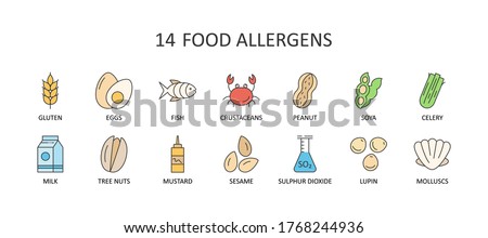Vector color icons of 14 major food allergens. Editable Stroke. Milk lupine celery peanuts nuts sesame sulphur dioxide crustaceans. Gluten free eggs fish clams soy mustard. For web design and app Royalty-Free Stock Photo #1768244936