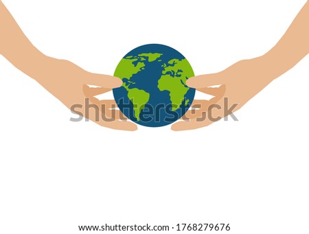 There’re two hands holding a world global warmly. The globe is fresh green and blue. Concept about earth, world, environmental, people, planet and etc.