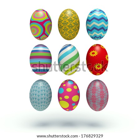 Set of vertical colorful Easter eggs. 3d render illustration.