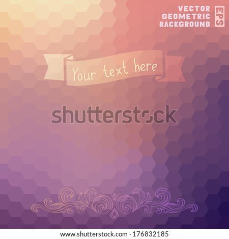 Vintage abstract mosaic background with ribbon. Hexagons pattern. Retro design. Place for your text.