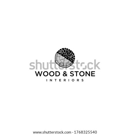 Illustration of signs of pieces of wood combined with stone arrangements to form an abstract wooden trunk.
