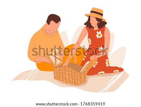 Girl with a man sitting on the grass isolated background. The concept of travel. It's time to rest, nature. Picnic, camping on the lake. Holiday card. Outdoor recreation.People.Flat illustration