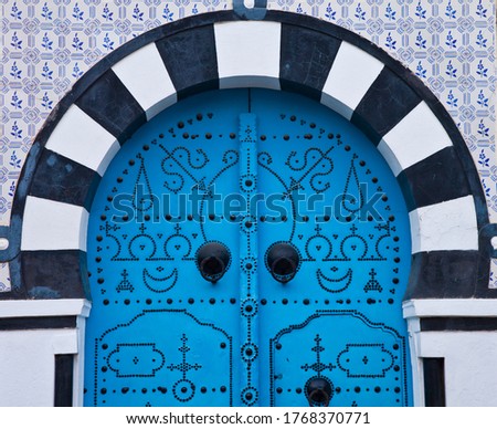 Door of traditional architecture of Sidi Bou Said coastal village of Tunisia in Africa