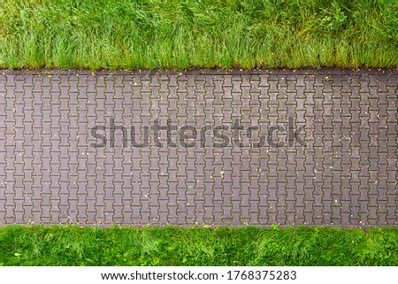 Straight line of stone pavement and lawn on both sides. Top view  Royalty-Free Stock Photo #1768375283