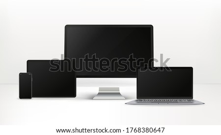 Smartphone, tablet, personal computer, laptop isolated on white background. Realistic and detailed devices mockup
