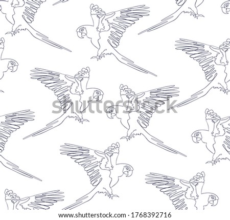 Parrot, blue seamless pattern on a white background. Drawn with textured, detailed contours.