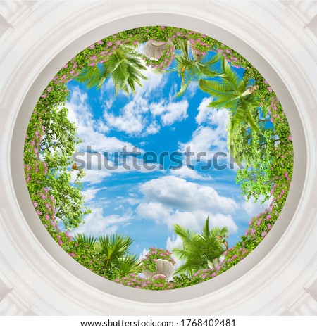 Green branches against the background of the summer sky. Art ceiling. 3D wallpaper. Look up.digital fresco.3D rendering. Royalty-Free Stock Photo #1768402481