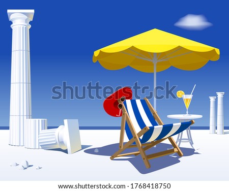 Beach chair and umbrella against the backdrop of the Adriatic landscape with ruined antique columns. Symbol and metaphor of tourism and travel. Vector illustration Royalty-Free Stock Photo #1768418750