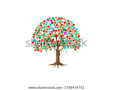 Colorful round leafy Oak tree  vector illustration, isolated on white