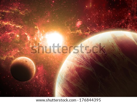 Red Planet and Moon Over a glowing Star - Elements of this image furnished by NASA