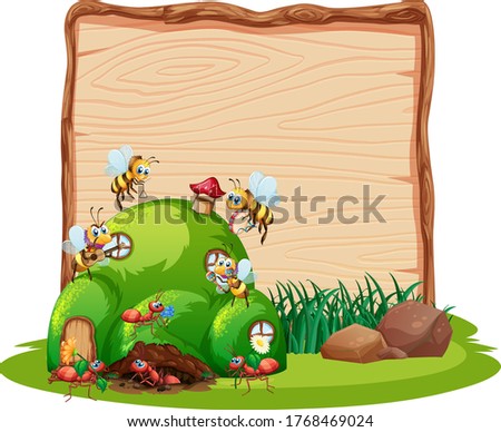 Blank wooden board in nature with animal garden isolated illustration