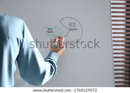 Woman explaining 80/20 rule on flip chart board in office, closeup. Pareto principle concept Royalty-Free Stock Photo #1768529072