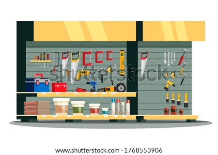 Tools shop showcase. Assortment for painting, building, home repair renovation or carpentry work. Constructor hardware store stand. Housekeeping equipment. Marketplace with instrument vector kit Royalty-Free Stock Photo #1768553906