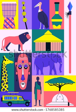 Vector illustration icon set of Africa. Drum, flower, african bird, jug, spear, lion, house, giraffe, mask, elephant, car, people, tree, hat.