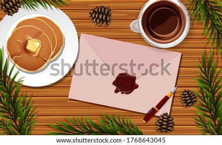 Letter close up on desk background with pancake and some leaves props illustration