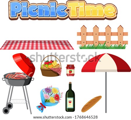 Set of picnic with BBQ grill and food on white background illustration