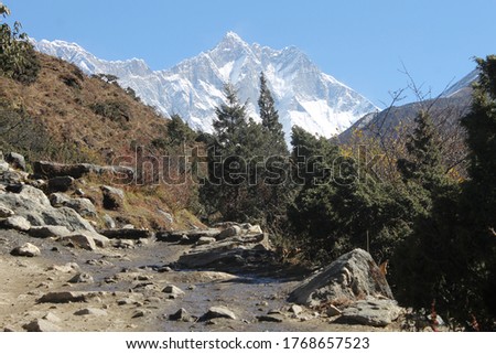 Khumbu Region, Nepal - July, 2020: Amazing scenery and landscapes in Everest Base Camp trail, in the Nepalese Himalayas.