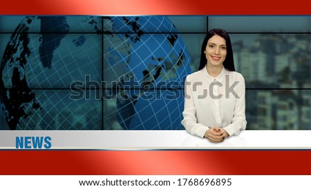 Young elegant brunette anchor woman in white blouse telling the news in tv studio