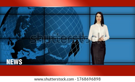 Young attractive anchorwoman in white blouse and black skirt presents news on tv