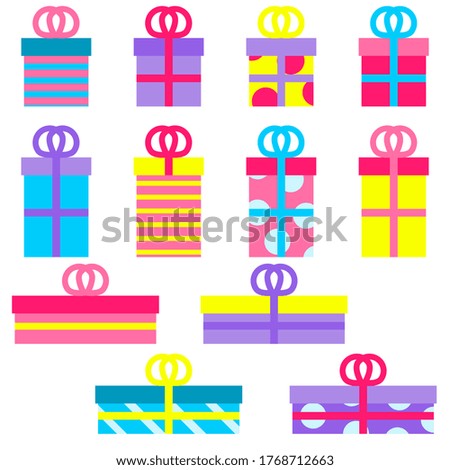 Gift or presents boxes isolated on white. Colorful and wrapped gift box icons set. Sale or shopping concept. Collection for Birthday, Christmas, New year