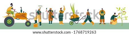 Organic farming. Agricultural workers planting and gathering crops, working on tractor, farmer, farmhouse. Flat cartoon vector illustration. Local grown.