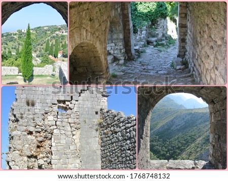 Photo collage travel Montenegro. Ruins of the fortress of Stary Bar, Kotor. Can be used for the design of covers, brochures, flyers and text space. Travel concept