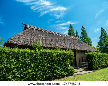 A landscape of an old Japanese house under a blue early summer sky.