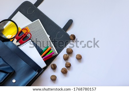 School supplies on the white background with copy space. Back to school.