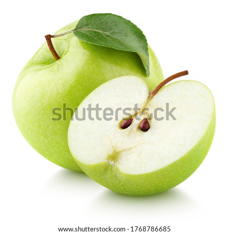 Green apple fruit with green apple half and leaf isolated on white background. Green apples with clipping path. Full Depth of Field