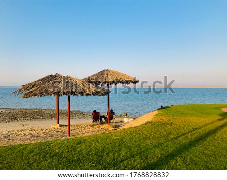 Beautiful beach umbrellas made by palm leaves in Al Fanateer beach Saudi Arabia Royalty-Free Stock Photo #1768828832