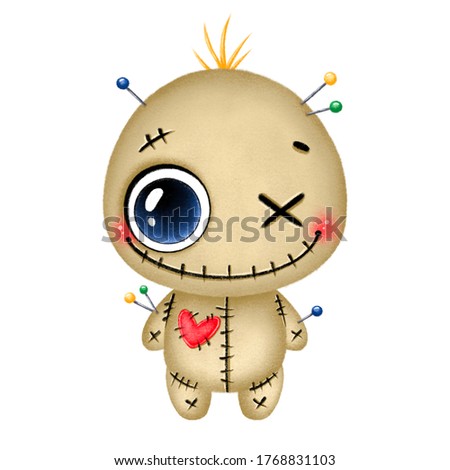 Illustration of a cute cartoon halloween smiling brown voodoo doll with a red heart and needles isolated on a white background