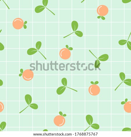 Seamless of green leaves and orange fruit on grid cells background vector illustration. Cute fruit pattern.