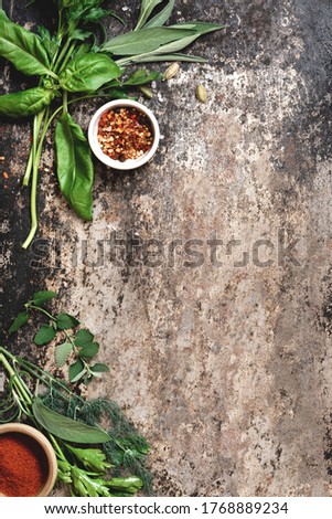 Various herbs and spices on a dark background top view. Free space for text, banner. Food background. Basil, pepper, rosemary, parsley and sage on a dark iron background.