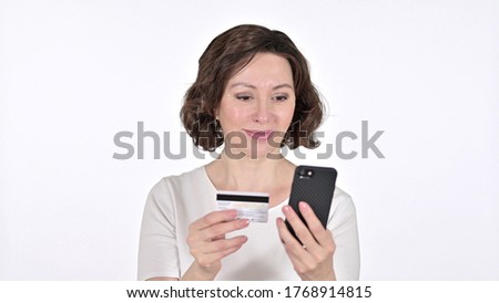 Online Payment on Smartphone by Old Woman, White Background