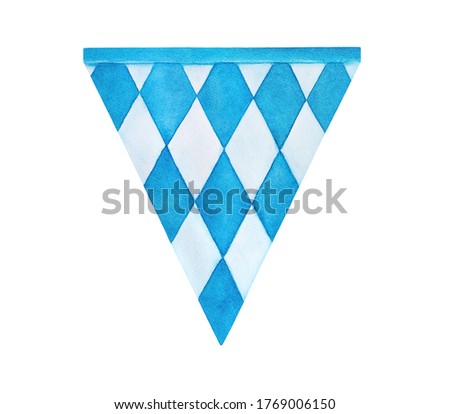 Water color drawing of Bavarian triangular flag with blue and white rhombus pattern. One single object. Handdrawn watercolour sketchy painting on white, cut out clip art element for design decoration.