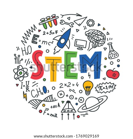 STEM. Science, technology, engineering, mathematics. Science education doodles and hand written word "STEM" Royalty-Free Stock Photo #1769029169