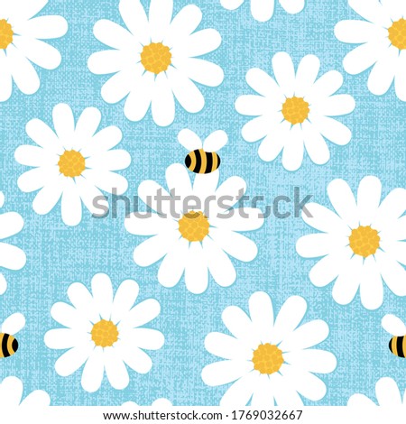 Flat daisy seamless pattern. Repeatable vector background with chamomile flowers on baby blue textured background.