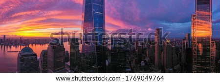 Panorama view of the Skyline of Manhattan in sunset day, New York City, United States. Shot from Hudson River 