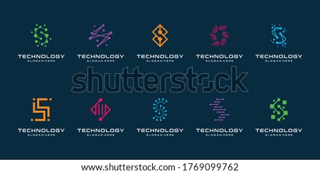 Set of technology letter S dot logo design and business card. initial S for symbol tech, internet, system, Artificial Intelligence and computer. inspiration logo design modern.