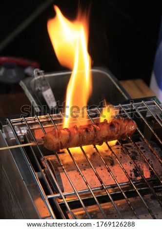 Delicious Sausage on fire on a grill close up 