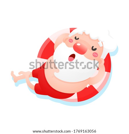 Vector cartoon Santa Claus relaxes while lying on the sea in summer.