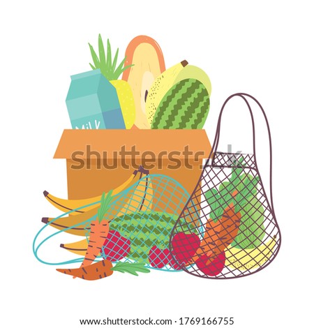 cardboard box eco friendly bag with fresh fruits vegetables, food delivery in grocery store vector illustration