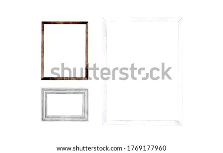 Hand drawn watercolor illustration with decorative composition of square picture frames. Isolated objects on white background. Use as mock up, clip art, exhibition, image, room decor, postcard. 