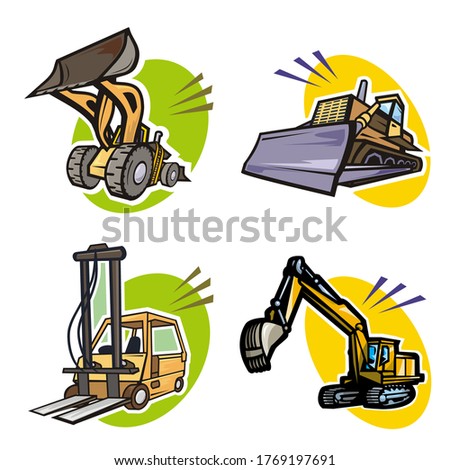 Set of bulldozer excavator forklift icon illustration. Contruction industry machinery