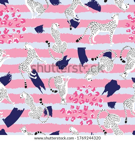 Seamless pattern with wild black white cats Cheetahs in different poses on pink and rough horizontal lines with some spots and motifs. Great for wrap paper, wallpapers, surface design textile